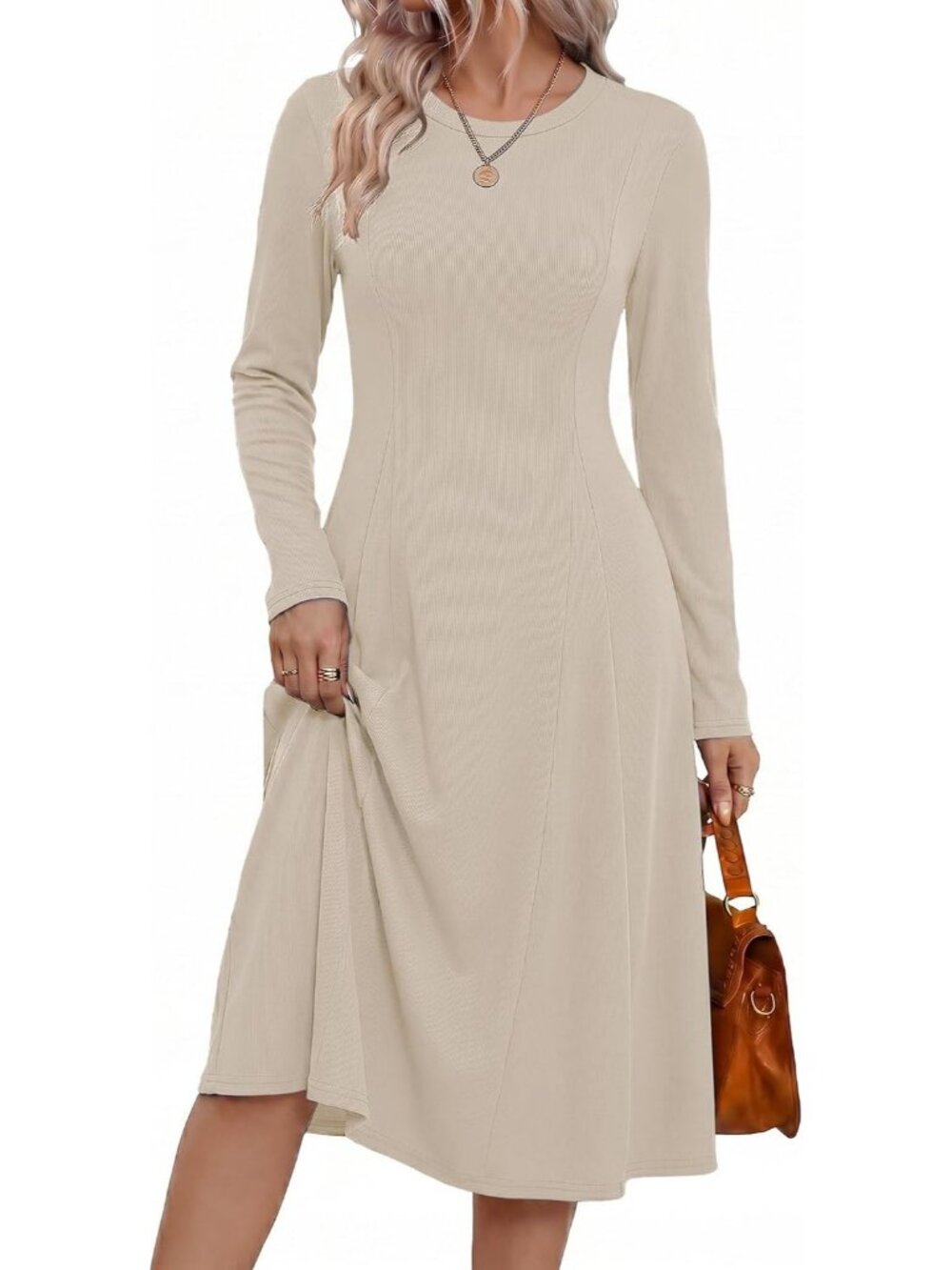 Women's Khaki Sweater Crew Neck Long Sleeve Ribbed Knit A Line Flowy Midi Dress